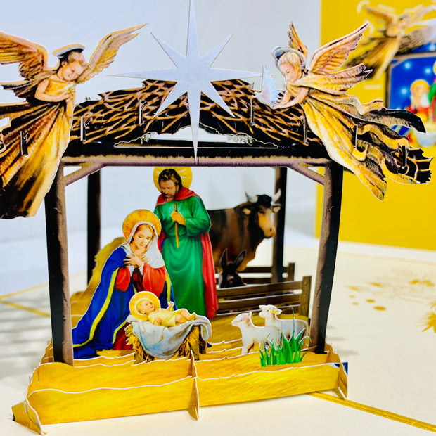Gold Christmas Nativity A Holy Family Suede Reflections House Origami Pop Cards 3D Pop Up Greeting Card Merry Christmas Thank You Handmade Best Wishes Blank Card Gift Happy Holidays Celebrate the Special Day