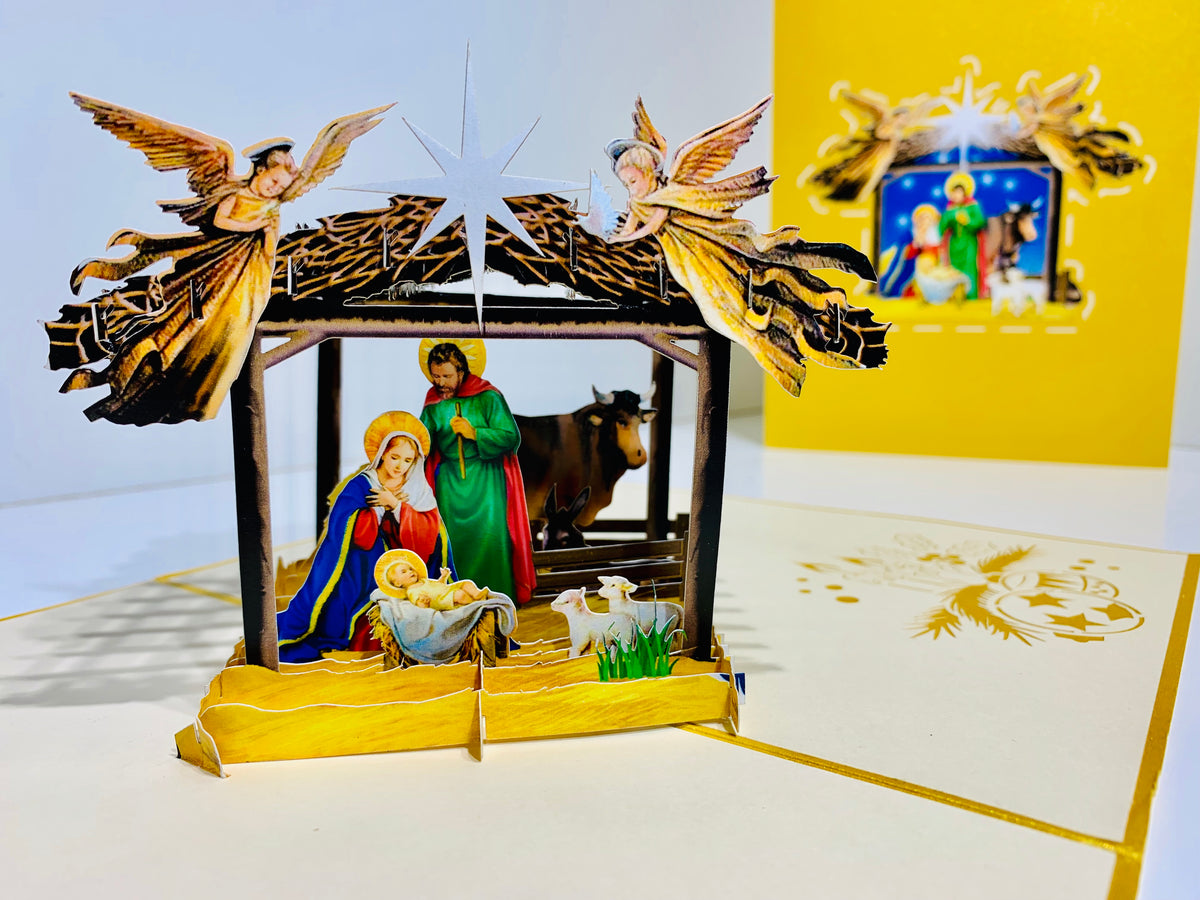 Gold Christmas Nativity A Holy Family Suede Reflections House Origami Pop Cards 3D Pop Up Greeting Card Merry Christmas Thank You Handmade Best Wishes Blank Card Gift Happy Holidays Celebrate the Special Day