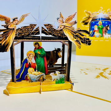Gold Christmas Nativity A Holy Family Suede Reflections House Origami Pop Cards 3D Pop Up Greeting Card Merry Christmas Thank You Handmade Best Wishes Blank Card Gift Happy Holidays Celebrate the Special Day