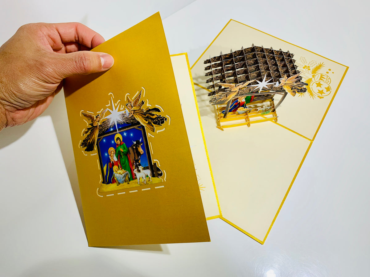 Gold Christmas Nativity A Holy Family Suede Reflections House Origami Pop Cards 3D Pop Up Greeting Card Merry Christmas Thank You Handmade Best Wishes Blank Card Gift Happy Holidays Celebrate the Special Day