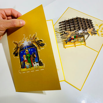 Gold Christmas Nativity A Holy Family Suede Reflections House Origami Pop Cards 3D Pop Up Greeting Card Merry Christmas Thank You Handmade Best Wishes Blank Card Gift Happy Holidays Celebrate the Special Day