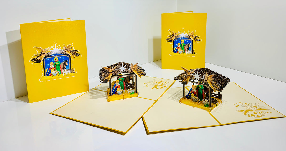 Gold Christmas Nativity A Holy Family Suede Reflections House Origami Pop Cards 3D Pop Up Greeting Card Merry Christmas Thank You Handmade Best Wishes Blank Card Gift Happy Holidays Celebrate the Special Day