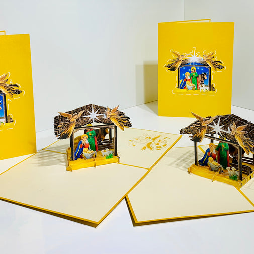 Gold Christmas Nativity A Holy Family Suede Reflections House Origami Pop Cards 3D Pop Up Greeting Card Merry Christmas Thank You Handmade Best Wishes Blank Card Gift Happy Holidays Celebrate the Special Day