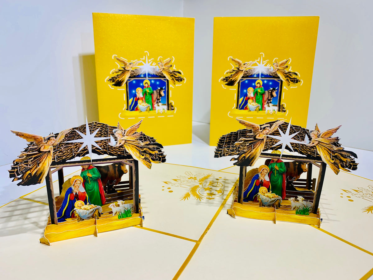 Gold Christmas Nativity A Holy Family Suede Reflections House Origami Pop Cards 3D Pop Up Greeting Card Merry Christmas Thank You Handmade Best Wishes Blank Card Gift Happy Holidays Celebrate the Special Day