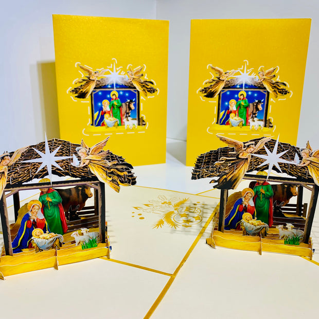 Gold Christmas Nativity A Holy Family Suede Reflections House Origami Pop Cards 3D Pop Up Greeting Card Merry Christmas Thank You Handmade Best Wishes Blank Card Gift Happy Holidays Celebrate the Special Day