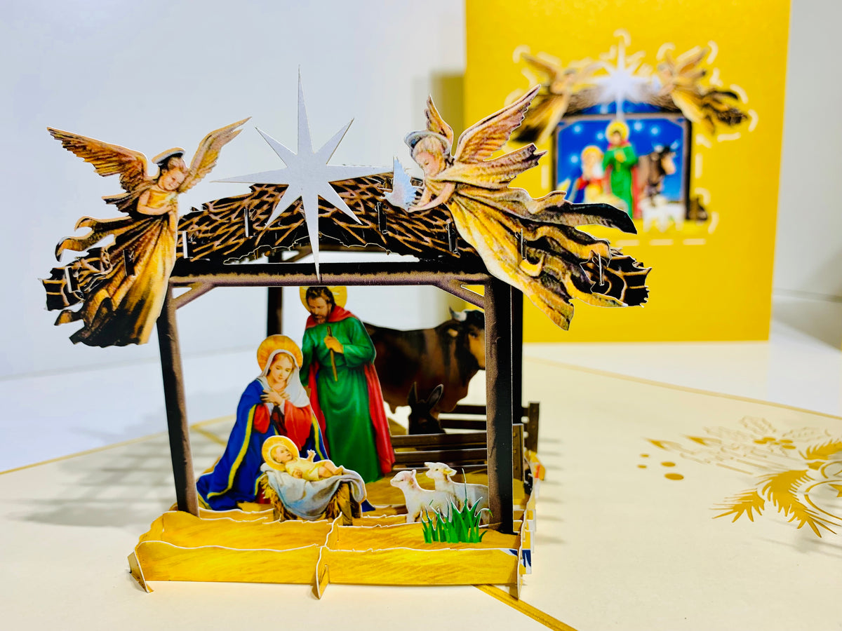Gold Christmas Nativity A Holy Family Suede Reflections House Origami Pop Cards 3D Pop Up Greeting Card Merry Christmas Thank You Handmade Best Wishes Blank Card Gift Happy Holidays Celebrate the Special Day