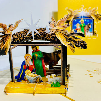Gold Christmas Nativity A Holy Family Suede Reflections House Origami Pop Cards 3D Pop Up Greeting Card Merry Christmas Thank You Handmade Best Wishes Blank Card Gift Happy Holidays Celebrate the Special Day