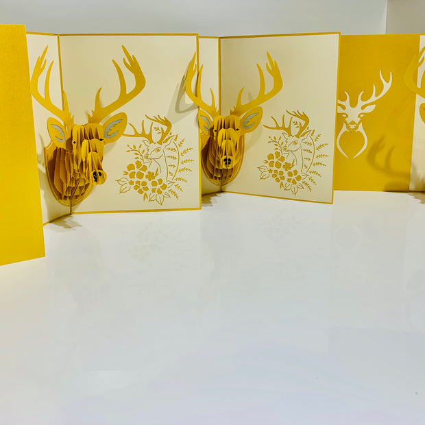 Gold Stag Deer Head Hanging Wall Origami Pop Cards 3D Pop Up Greeting Card Merry Christmas Thank You Handmade Best Wishes Blank Card Gift Happy Holidays Celebrate the Special Day