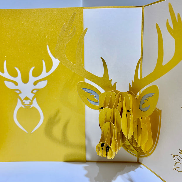 Gold Stag Deer Head Hanging Wall Origami Pop Cards 3D Pop Up Greeting Card Merry Christmas Thank You Handmade Best Wishes Blank Card Gift Happy Holidays Celebrate the Special Day