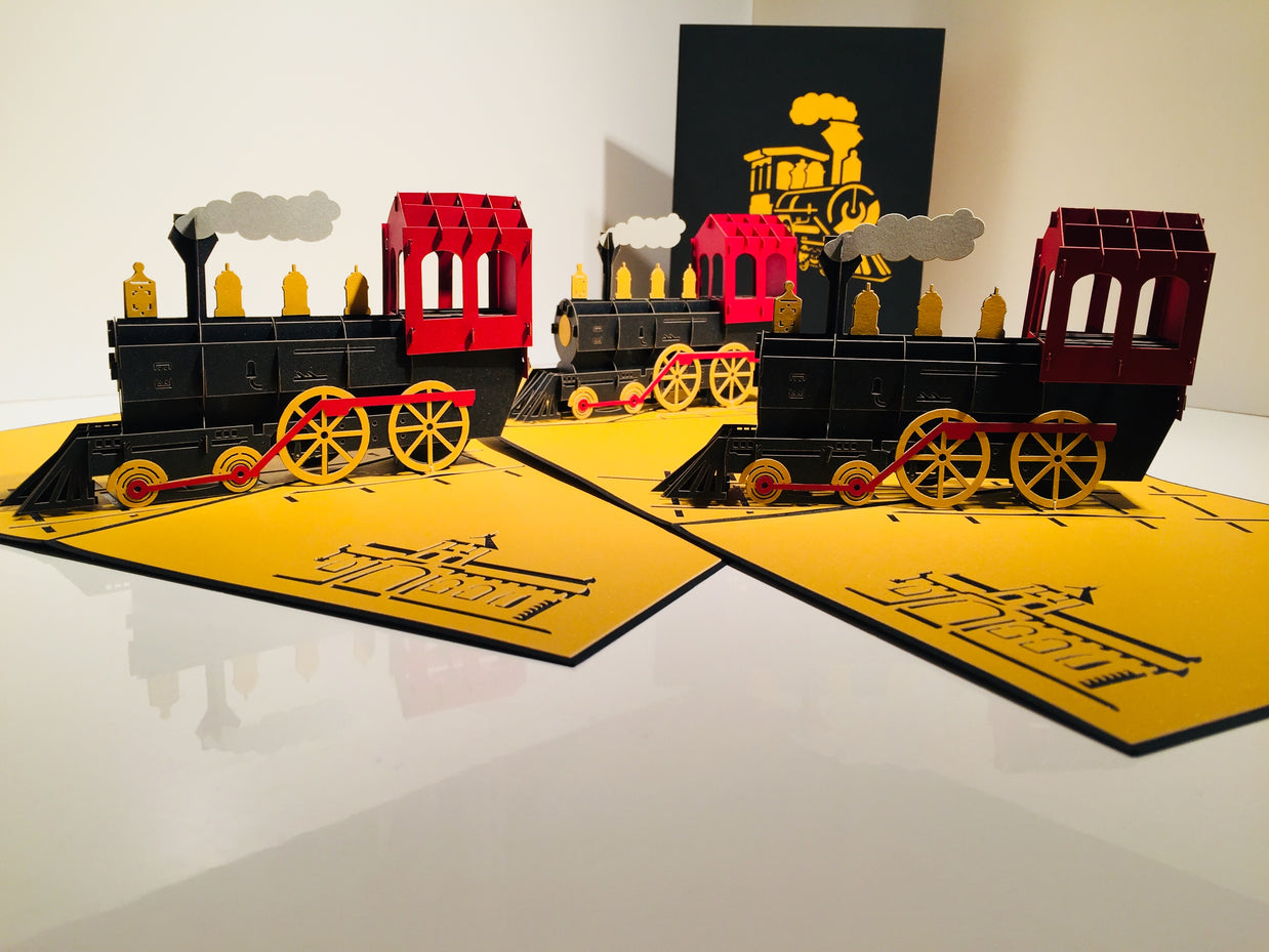 Gold & Black Locomotive Train Origami Pop Cards 3D Pop Up Greeting Card Celebrate Happy Birthday Thank You Handmade Best Wishes Gift Thinking of You Blank Card for Any Occasion Happy Father's Day Australiana