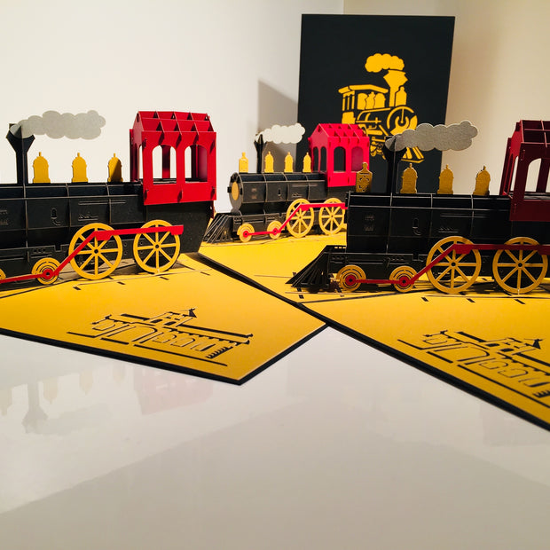 Gold & Black Locomotive Train Origami Pop Cards 3D Pop Up Greeting Card Celebrate Happy Birthday Thank You Handmade Best Wishes Gift Thinking of You Blank Card for Any Occasion Happy Father's Day Australiana