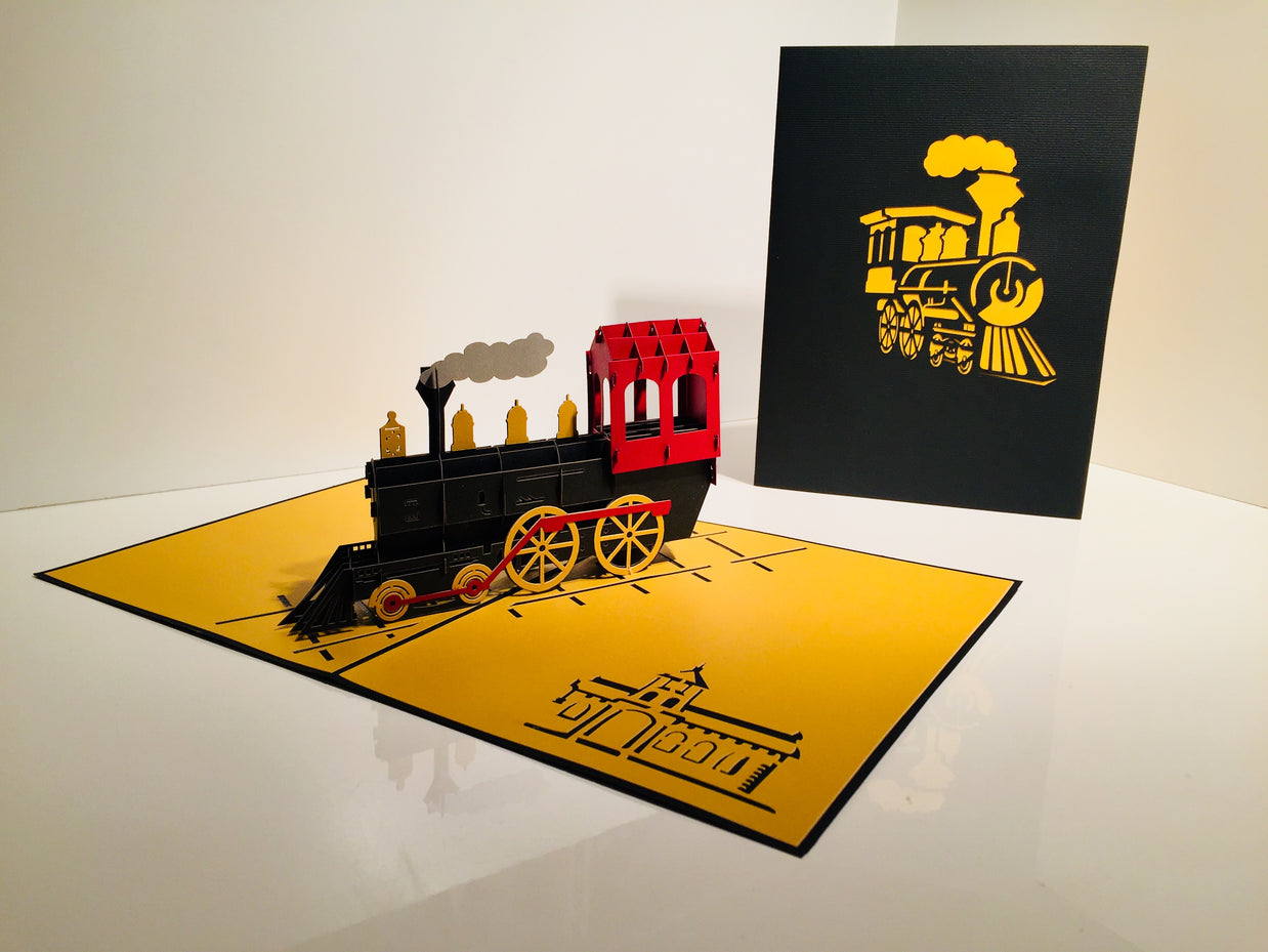 Gold & Black Locomotive Train Origami Pop Cards 3D Pop Up Greeting Card Celebrate Happy Birthday Thank You Handmade Best Wishes Gift Thinking of You Blank Card for Any Occasion Happy Father's Day Australiana
