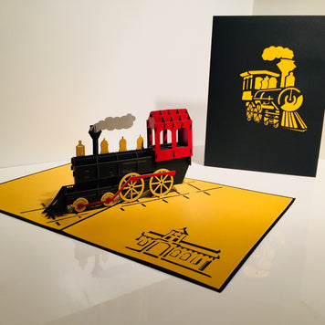 Gold & Black Locomotive Train Origami Pop Cards 3D Pop Up Greeting Card Celebrate Happy Birthday Thank You Handmade Best Wishes Gift Thinking of You Blank Card for Any Occasion Happy Father's Day Australiana