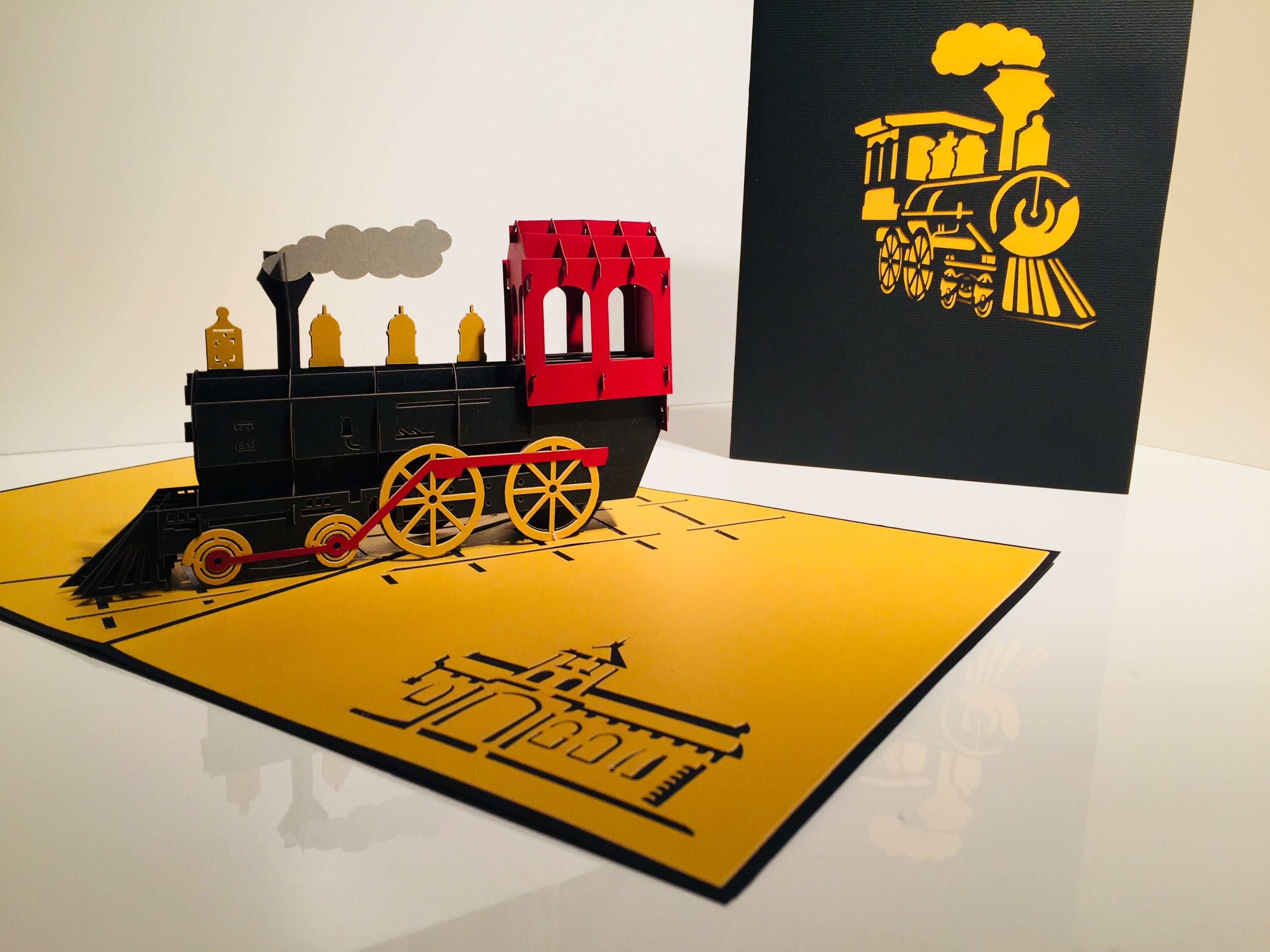 Gold & Black Locomotive Train Origami Pop Cards 3D Pop Up Greeting Card Celebrate Happy Birthday Thank You Handmade Best Wishes Gift Thinking of You Blank Card for Any Occasion Happy Father's Day Australiana