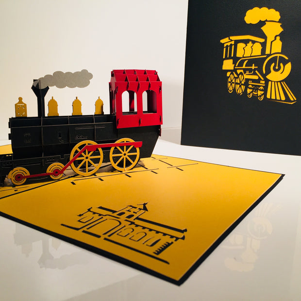 Gold & Black Locomotive Train Origami Pop Cards 3D Pop Up Greeting Card Celebrate Happy Birthday Thank You Handmade Best Wishes Gift Thinking of You Blank Card for Any Occasion Happy Father's Day Australiana
