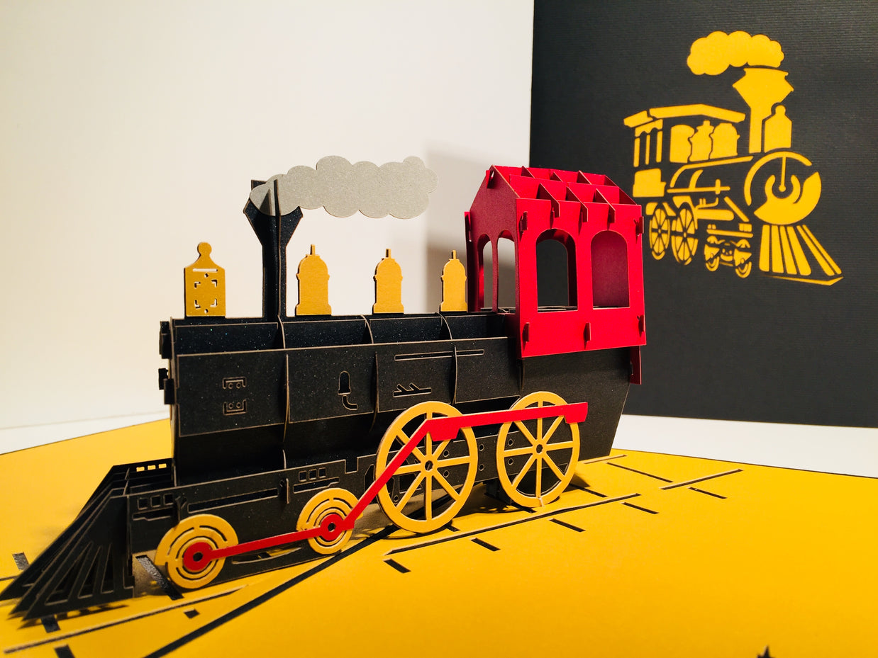 Gold & Black Locomotive Train Origami Pop Cards 3D Pop Up Greeting Card Celebrate Happy Birthday Thank You Handmade Best Wishes Gift Thinking of You Blank Card for Any Occasion Happy Father's Day Australiana
