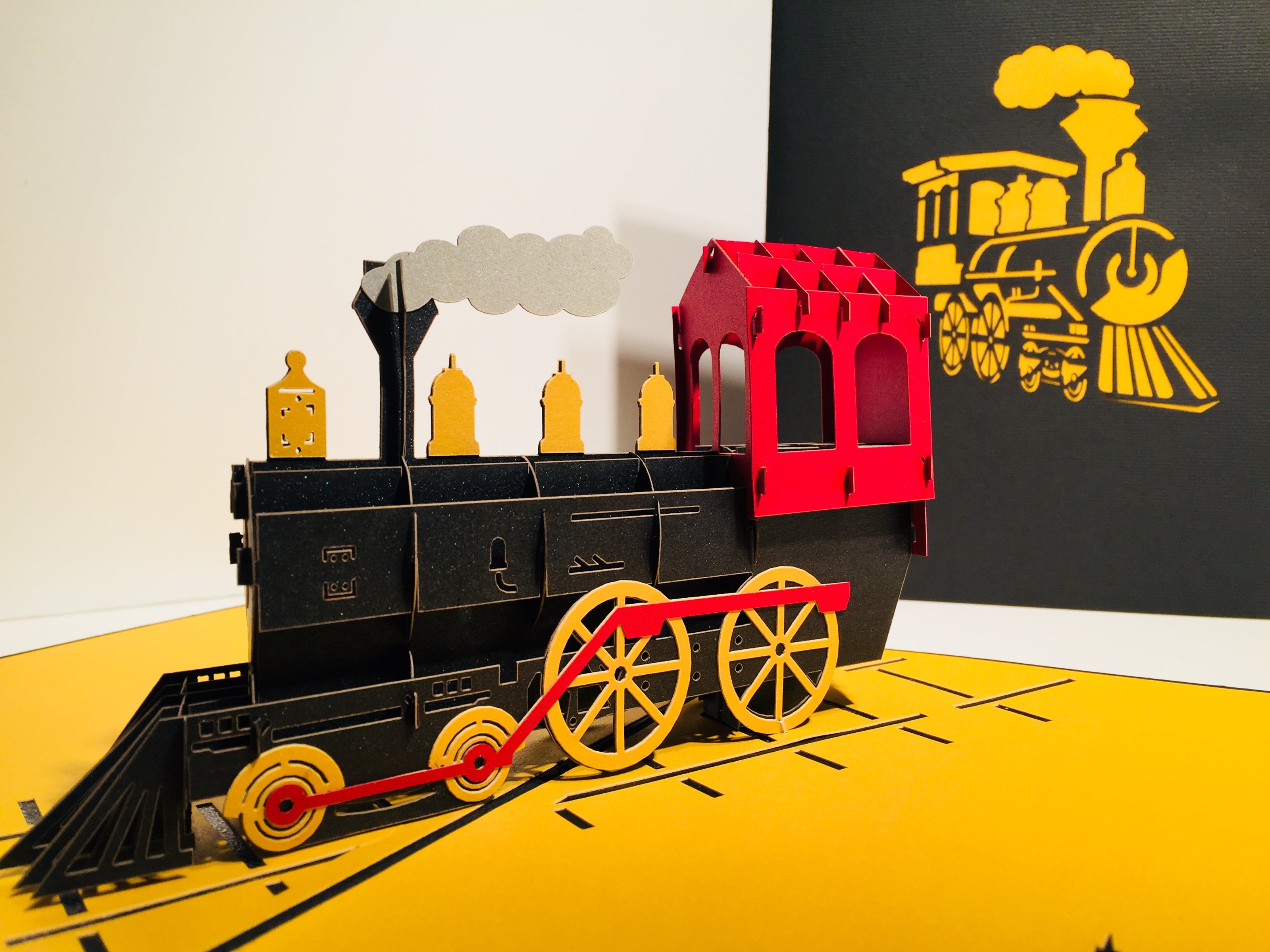 Gold & Black Locomotive Train Origami Pop Cards 3D Pop Up Greeting Card Celebrate Happy Birthday Thank You Handmade Best Wishes Gift Thinking of You Blank Card for Any Occasion Happy Father's Day Australiana