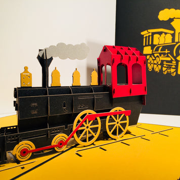 Gold & Black Locomotive Train Origami Pop Cards 3D Pop Up Greeting Card Celebrate Happy Birthday Thank You Handmade Best Wishes Gift Thinking of You Blank Card for Any Occasion Happy Father's Day Australiana