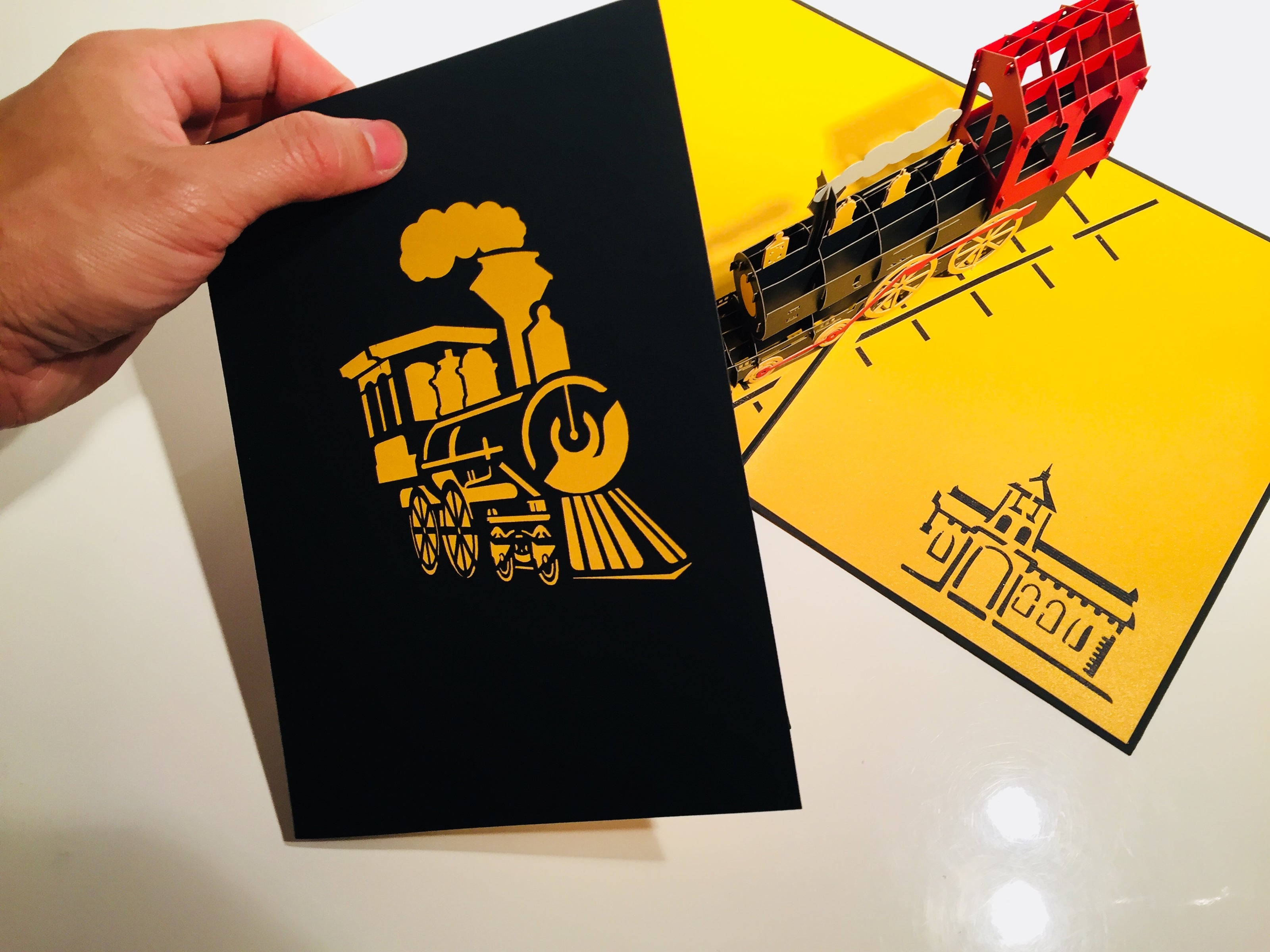 Gold & Black Locomotive Train Origami Pop Cards 3D Pop Up Greeting Card Celebrate Happy Birthday Thank You Handmade Best Wishes Gift Thinking of You Blank Card for Any Occasion Happy Father's Day Australiana