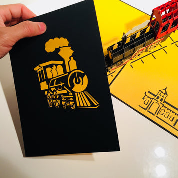 Gold & Black Locomotive Train Origami Pop Cards 3D Pop Up Greeting Card Celebrate Happy Birthday Thank You Handmade Best Wishes Gift Thinking of You Blank Card for Any Occasion Happy Father's Day Australiana