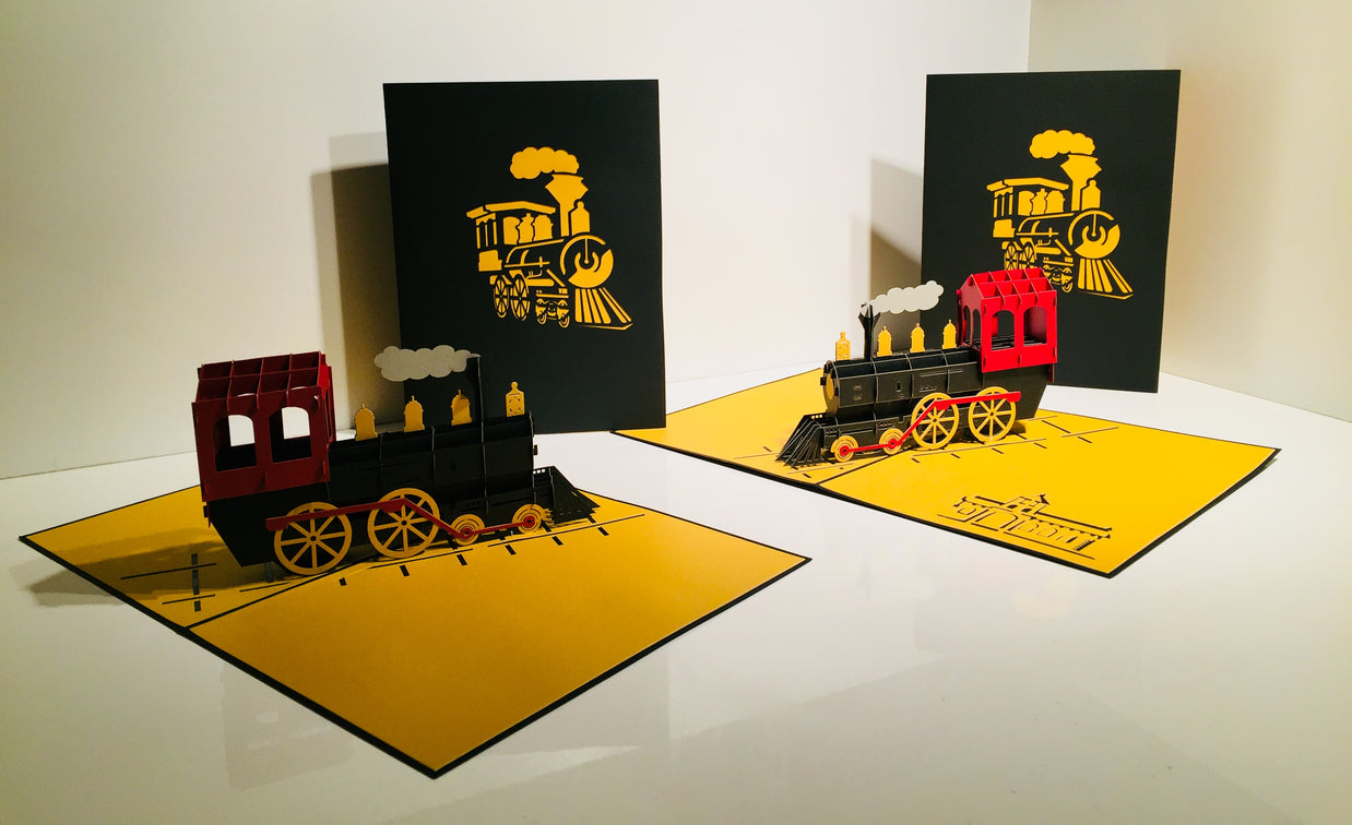 Gold & Black Locomotive Train Origami Pop Cards 3D Pop Up Greeting Card Celebrate Happy Birthday Thank You Handmade Best Wishes Gift Thinking of You Blank Card for Any Occasion Happy Father's Day Australiana