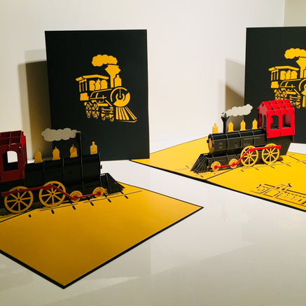 Gold & Black Locomotive Train Origami Pop Cards 3D Pop Up Greeting Card Celebrate Happy Birthday Thank You Handmade Best Wishes Gift Thinking of You Blank Card for Any Occasion Happy Father's Day Australiana