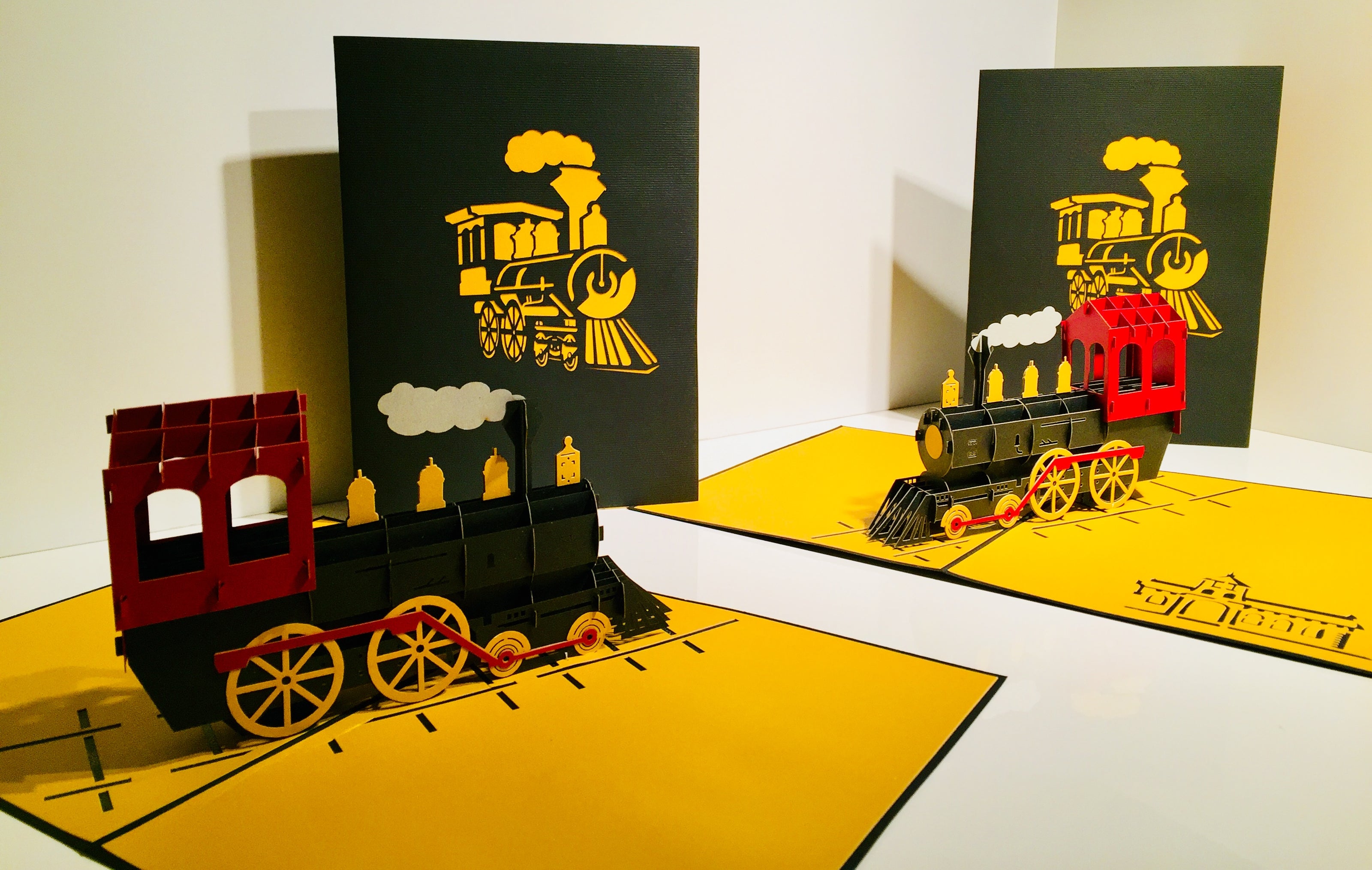 Gold & Black Locomotive Train Origami Pop Cards 3D Pop Up Greeting Card Celebrate Happy Birthday Thank You Handmade Best Wishes Gift Thinking of You Blank Card for Any Occasion Happy Father's Day Australiana