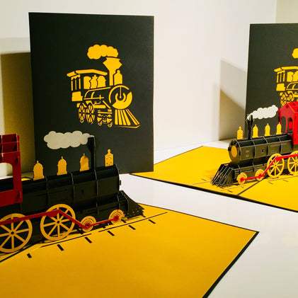 Gold & Black Locomotive Train Origami Pop Cards 3D Pop Up Greeting Card Celebrate Happy Birthday Thank You Handmade Best Wishes Gift Thinking of You Blank Card for Any Occasion Happy Father's Day Australiana