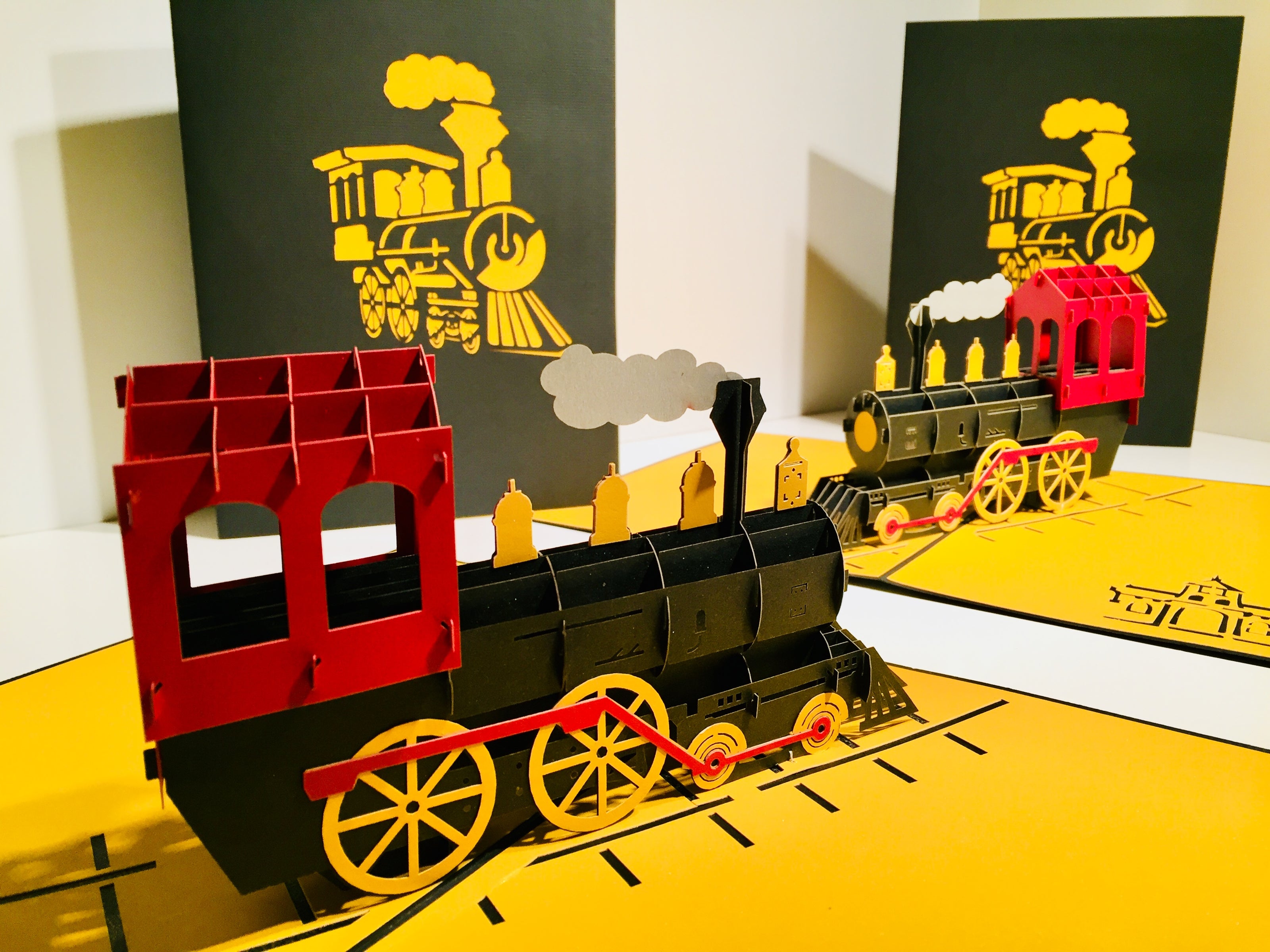 Gold & Black Locomotive Train Origami Pop Cards 3D Pop Up Greeting Card Celebrate Happy Birthday Thank You Handmade Best Wishes Gift Thinking of You Blank Card for Any Occasion Happy Father's Day Australiana