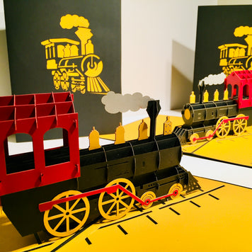 Gold & Black Locomotive Train Origami Pop Cards 3D Pop Up Greeting Card Celebrate Happy Birthday Thank You Handmade Best Wishes Gift Thinking of You Blank Card for Any Occasion Happy Father's Day Australiana