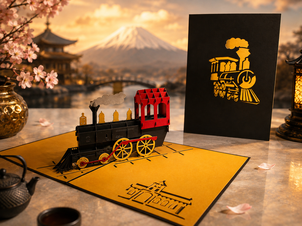 Gold & Black Locomotive Train Origami Pop Cards 3D Pop Up Greeting Card Celebrate Happy Birthday Thank You Handmade Best Wishes Gift Thinking of You Blank Card for Any Occasion Happy Father's Day Australiana