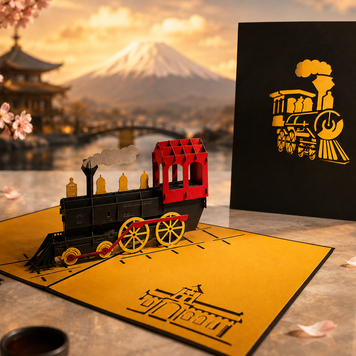 Gold & Black Locomotive Train Origami Pop Cards 3D Pop Up Greeting Card Celebrate Happy Birthday Thank You Handmade Best Wishes Gift Thinking of You Blank Card for Any Occasion Happy Father's Day Australiana