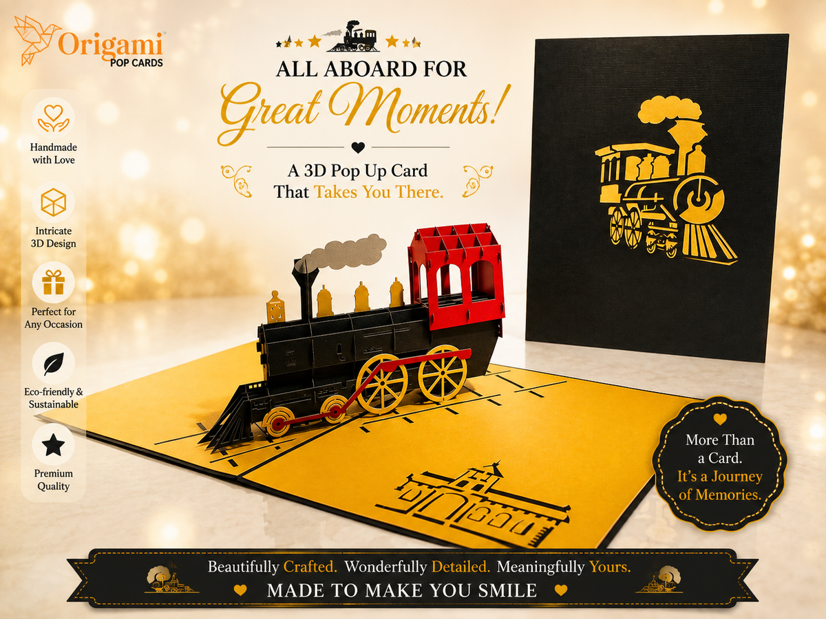 Gold & Black Locomotive Train Origami Pop Cards 3D Pop Up Greeting Card Celebrate Happy Birthday Thank You Handmade Best Wishes Gift Thinking of You Blank Card for Any Occasion Happy Father's Day Australiana