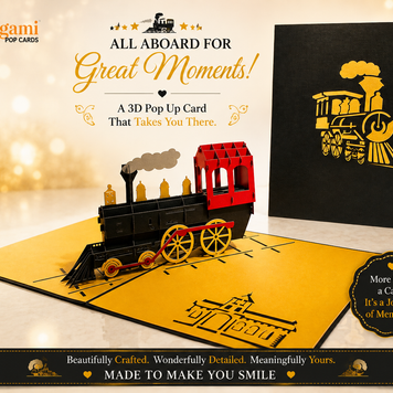 Gold & Black Locomotive Train Origami Pop Cards 3D Pop Up Greeting Card Celebrate Happy Birthday Thank You Handmade Best Wishes Gift Thinking of You Blank Card for Any Occasion Happy Father's Day Australiana