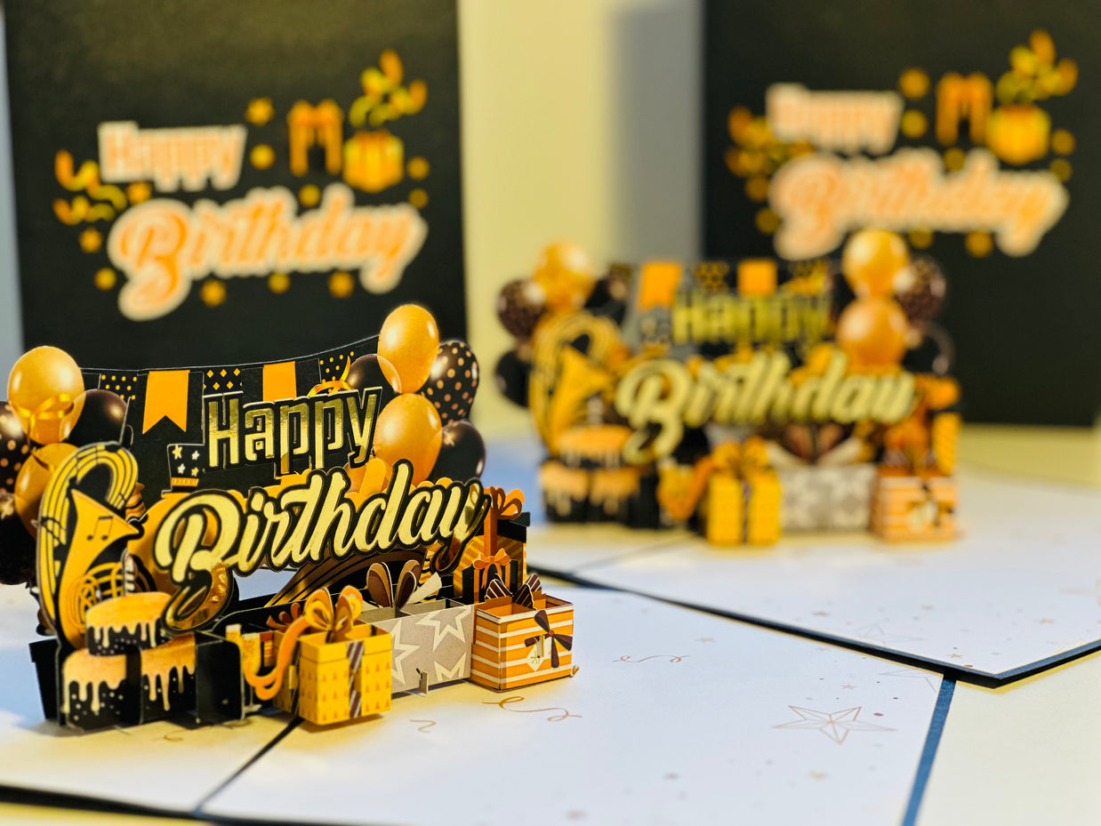 Golden Happy Birthday with Presents Origami Pop Cards 3D Pop Up Greeting Card Thank You Handmade Gift Thinking of You Happy Birthday Occasion Australiana Celebrate the Beauty and Happiness During Special Day Best Wishes Gift