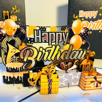Golden Happy Birthday with Presents Origami Pop Cards 3D Pop Up Greeting Card Thank You Handmade Gift Thinking of You Happy Birthday Occasion Australiana Celebrate the Beauty and Happiness During Special Day Best Wishes Gift