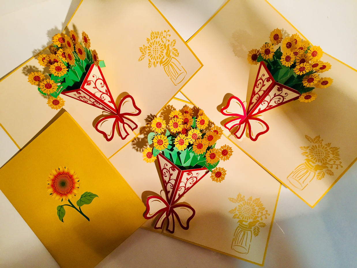 Golden Sunflower Bouquet Wrapped in Red Ribbon Pop Cards 3D Pop Up Greeting Card Happy Birthday Thank You Handmade Gift Thinking of You Blank Card for Any Occasion Happy Mother's Day Happy Father's Australiana Celebrate the Beauty of Flower