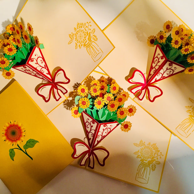 Golden Sunflower Bouquet Wrapped in Red Ribbon Pop Cards 3D Pop Up Greeting Card Happy Birthday Thank You Handmade Gift Thinking of You Blank Card for Any Occasion Happy Mother's Day Happy Father's Australiana Celebrate the Beauty of Flower