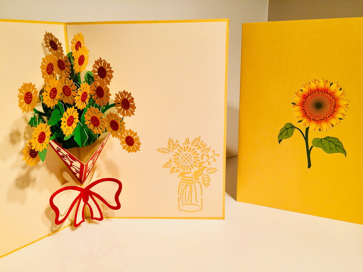 Golden Sunflower Bouquet Wrapped in Red Ribbon Pop Cards 3D Pop Up Greeting Card Happy Birthday Thank You Handmade Gift Thinking of You Blank Card for Any Occasion Happy Mother's Day Happy Father's Australiana Celebrate the Beauty of Flower
