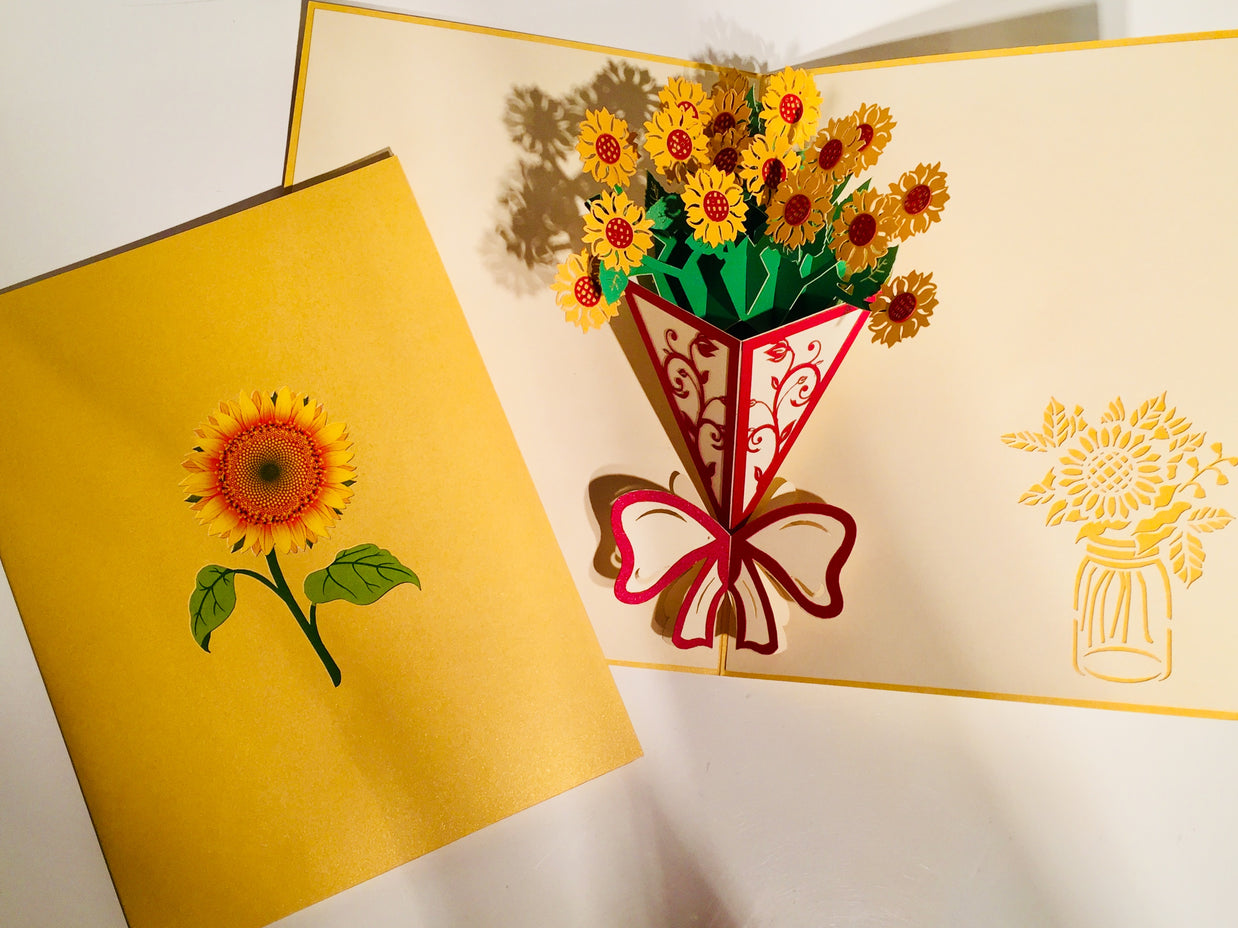 Golden Sunflower Bouquet Wrapped in Red Ribbon Pop Cards 3D Pop Up Greeting Card Happy Birthday Thank You Handmade Gift Thinking of You Blank Card for Any Occasion Happy Mother's Day Happy Father's Australiana Celebrate the Beauty of Flower