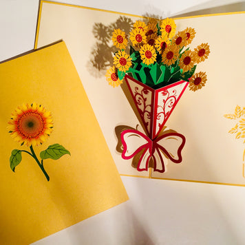Golden Sunflower Bouquet Wrapped in Red Ribbon Pop Cards 3D Pop Up Greeting Card Happy Birthday Thank You Handmade Gift Thinking of You Blank Card for Any Occasion Happy Mother's Day Happy Father's Australiana Celebrate the Beauty of Flower