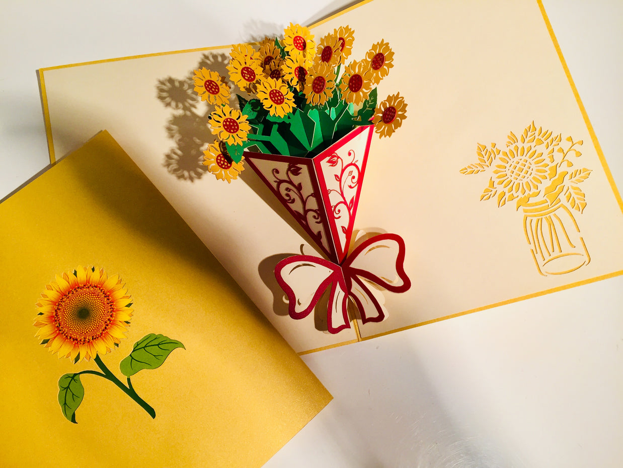 Golden Sunflower Bouquet Wrapped in Red Ribbon Pop Cards 3D Pop Up Greeting Card Happy Birthday Thank You Handmade Gift Thinking of You Blank Card for Any Occasion Happy Mother's Day Happy Father's Australiana Celebrate the Beauty of Flower