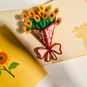 Golden Sunflower Bouquet Wrapped in Red Ribbon Pop Cards 3D Pop Up Greeting Card Happy Birthday Thank You Handmade Gift Thinking of You Blank Card for Any Occasion Happy Mother's Day Happy Father's Australiana Celebrate the Beauty of Flower