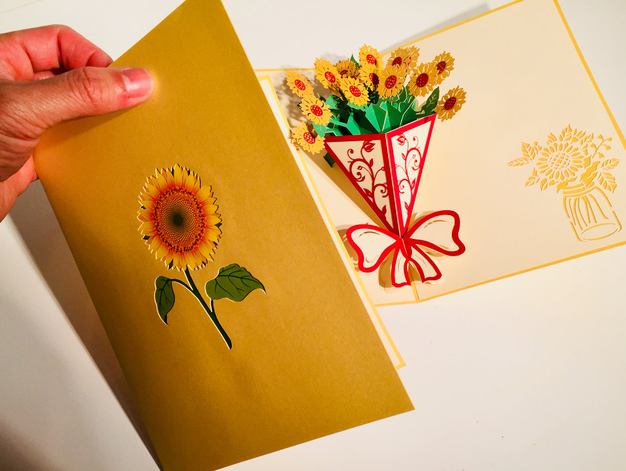 Golden Sunflower Bouquet Wrapped in Red Ribbon Pop Cards 3D Pop Up Greeting Card Happy Birthday Thank You Handmade Gift Thinking of You Blank Card for Any Occasion Happy Mother's Day Happy Father's Australiana Celebrate the Beauty of Flower