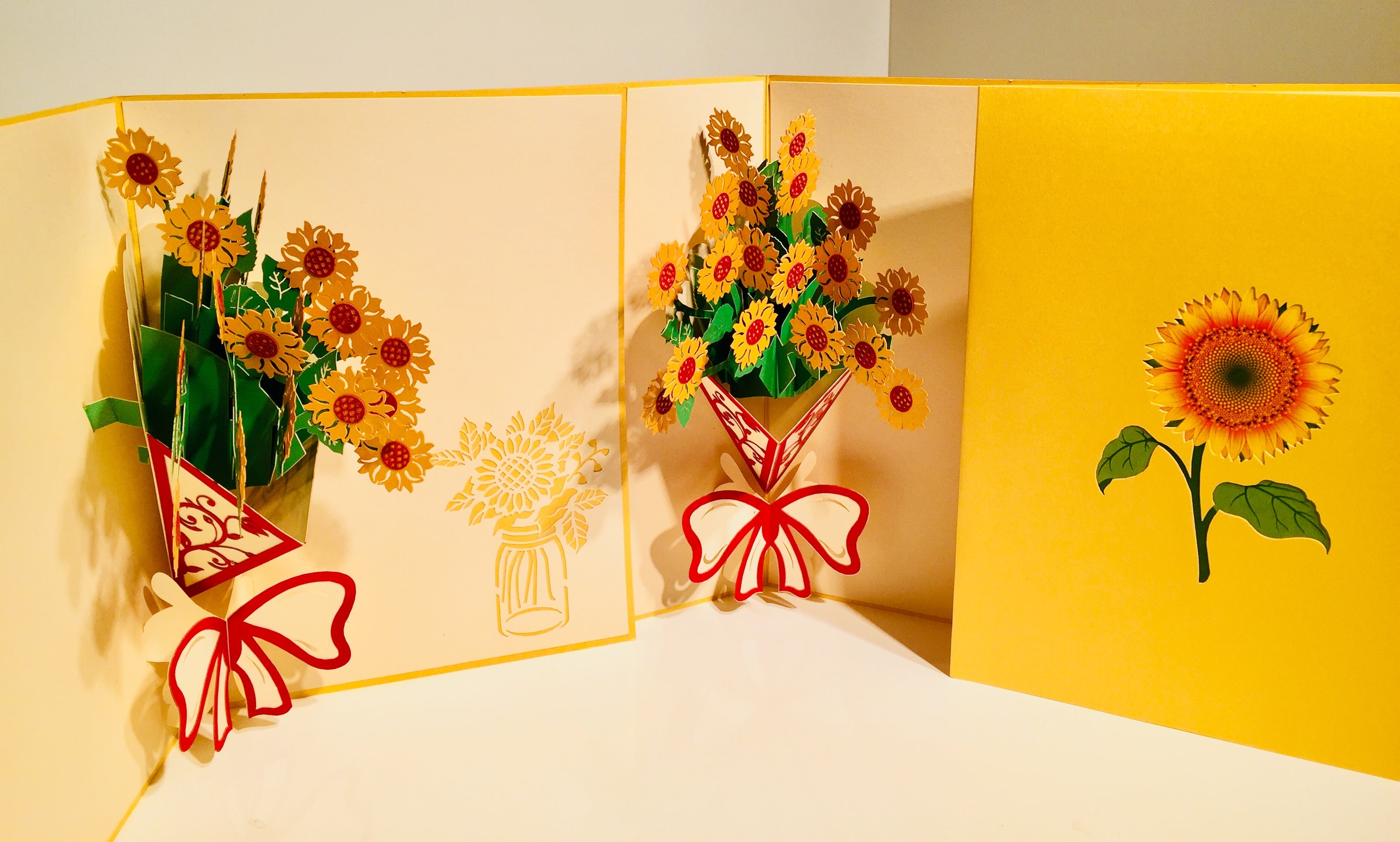 Golden Sunflower Bouquet Wrapped in Red Ribbon Pop Cards 3D Pop Up Greeting Card Happy Birthday Thank You Handmade Gift Thinking of You Blank Card for Any Occasion Happy Mother's Day Happy Father's Australiana Celebrate the Beauty of Flower