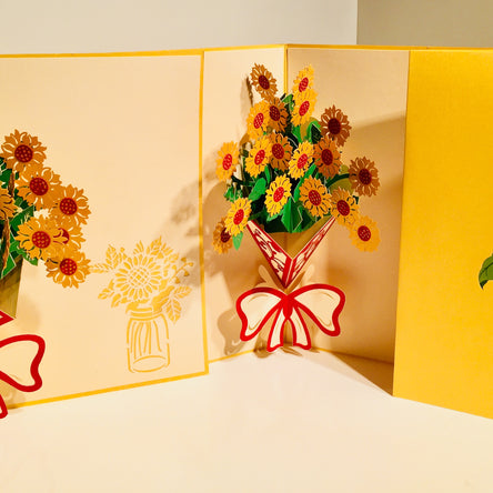 Golden Sunflower Bouquet Wrapped in Red Ribbon Pop Cards 3D Pop Up Greeting Card Happy Birthday Thank You Handmade Gift Thinking of You Blank Card for Any Occasion Happy Mother's Day Happy Father's Australiana Celebrate the Beauty of Flower