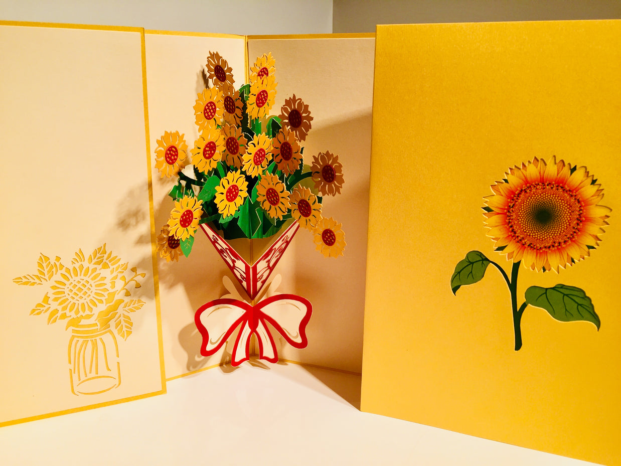 Golden Sunflower Bouquet Wrapped in Red Ribbon Pop Cards 3D Pop Up Greeting Card Happy Birthday Thank You Handmade Gift Thinking of You Blank Card for Any Occasion Happy Mother's Day Happy Father's Australiana Celebrate the Beauty of Flower
