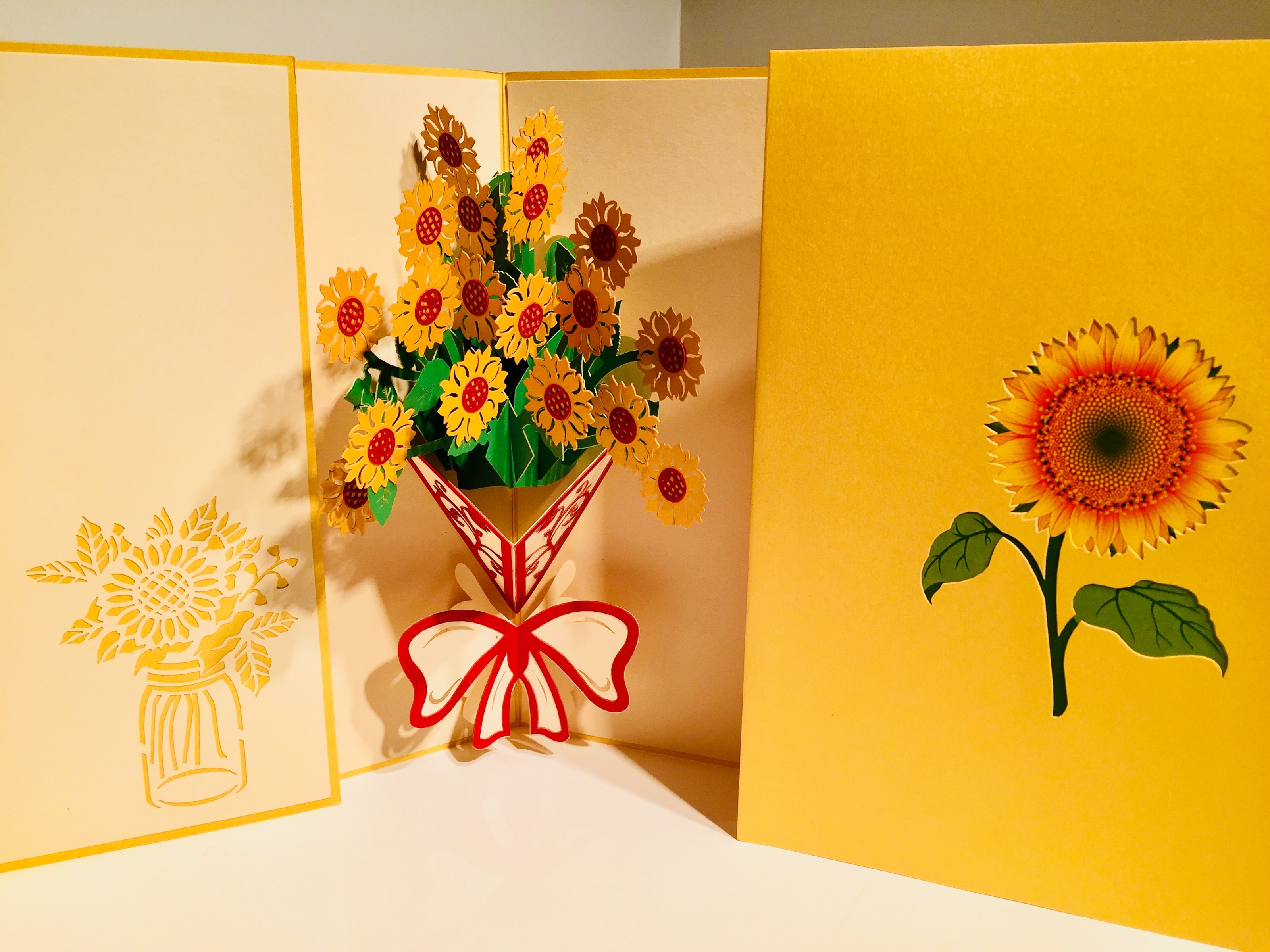 Golden Sunflower Bouquet Wrapped in Red Ribbon Pop Cards 3D Pop Up Greeting Card Happy Birthday Thank You Handmade Gift Thinking of You Blank Card for Any Occasion Happy Mother's Day Happy Father's Australiana Celebrate the Beauty of Flower