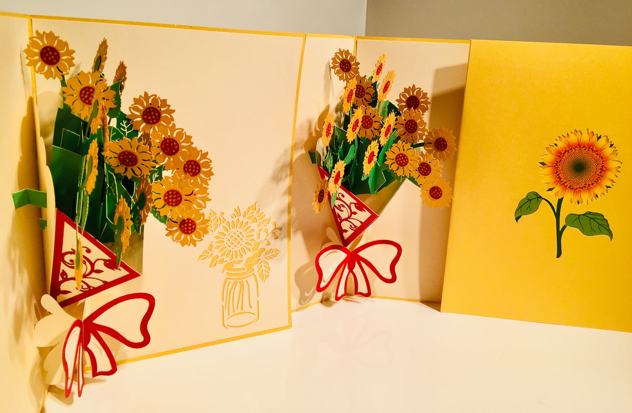 Golden Sunflower Bouquet Wrapped in Red Ribbon Pop Cards 3D Pop Up Greeting Card Happy Birthday Thank You Handmade Gift Thinking of You Blank Card for Any Occasion Happy Mother's Day Happy Father's Australiana Celebrate the Beauty of Flower
