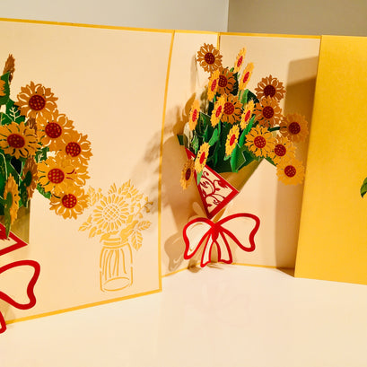 Golden Sunflower Bouquet Wrapped in Red Ribbon Pop Cards 3D Pop Up Greeting Card Happy Birthday Thank You Handmade Gift Thinking of You Blank Card for Any Occasion Happy Mother's Day Happy Father's Australiana Celebrate the Beauty of Flower